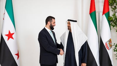 President Sheikh Mohamed receives Syrian President Ahmad Al Shara at Qasr Al Shati in Abu Dhabi. All photos: Presidential Court