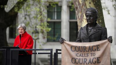 British Prime Minister Theresa May at the unveiling of the statue of suffragist Millicent Fawcett in London. Hannah Mckay / Reuters