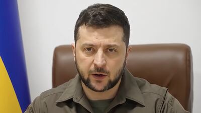 Ukrainian President Volodymyr Zelenskyy speaks to the Norwegian Parliament from Kyiv on March 30. Ukrainian Presidential Press Office via AP