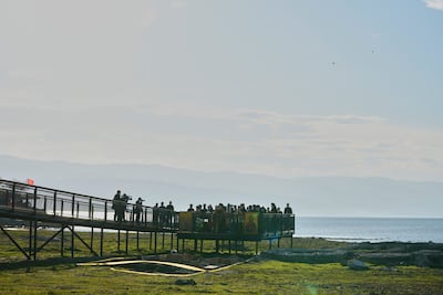 The prayer service took place on a platform above archaeological excavations of the Basilica of St Neophytos. AP