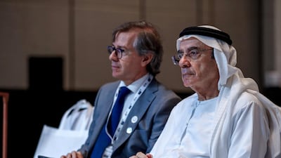 Minister of State Zaki Nusseibeh and Bernardino Leon, director general of the Emirates Diplomatic Academy, at Diplocon on Thursday .Victor Besa / The National