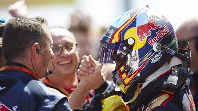 Dutch Formula One driver Max Verstappen (R) of Red Bull Racing celebrates with his teammates after winning the Spanish Formula One Grand Prix at the Barcelona-Catalunya circuit in Montmelo, Barcelona, Spain, 15 May 2016. EPA/ALEJANDRO GARCIA