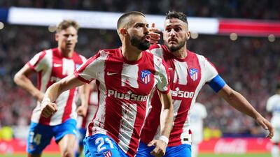 MADRID, SPAIN - MAY 08: Yannick Ferreira Carrasco of Atletico Madrid celebrates scoring their side's first goal from a penalty during the La Liga Santander match between Club Atletico de Madrid and Real Madrid CF at Estadio Wanda Metropolitano on May 08, 2022 in Madrid, Spain. (Photo by Juan Manuel Serrano Arce / Getty Images)