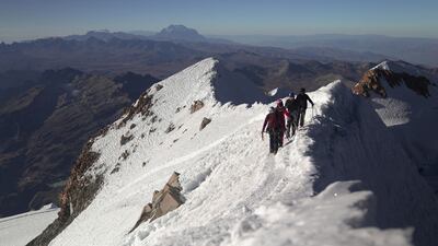 Climbers on Huayna Potosi, near El Alto, Bolivia.