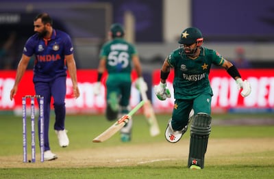 Pakistan's Mohammad Rizwan celebrates after making the winning run against India in their opening match. Reuters