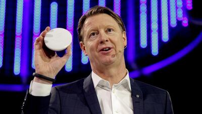 Ericsson's chief executive Hans Vestberg presents the Radio Dot System during a press conference at the Mobile World Congress in Barcelona. Pau Barrena / AFP