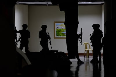 Philippine Marines after a series of gunshots were heard inside the Senate in Pasay City, Metro Manila. EPA