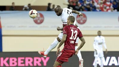 Al Ahli's Grafite, in white, sends a header at the goal. Ciel opened the scoring for Al Ahli at the 12th minute. Al Shaab would equalise shortly after with Oybek Kilichev at the 19th minute, but a pair of second-half goals from Luis Jimenez made sure Ahli would claim all three points. Jeffrey E Biteng / The National