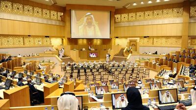 Sheikh Mohammed takes the podium to give the opening speech on behalf of the president, Sheikh Khalifa bin Zayed Al Nahyan. WAM