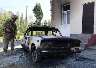 Kyrgyz military look for unexploded shells in the village of Ak-Say near the Kyrgyz-Tajik border, some 1000 kilometres from Bishkek, on September 20. AFP