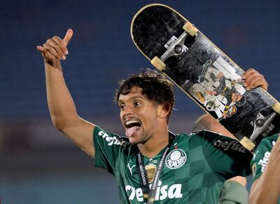 Palmeiras' Gustavo Scarpa celebrates winning the Copa Libertadores against Flamengo. Reuters