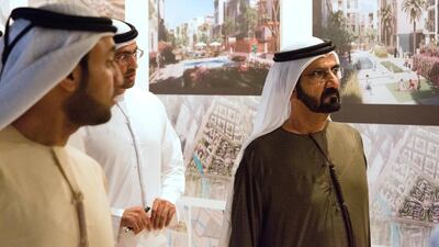 Sheikh Mohammed discusses the project at the launch event. Duncan Chard for the National.