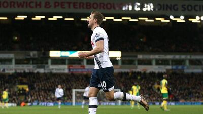 Tottenham Hotspur’s Harry Kane celebrates scoring the third goal, his second, for Spurs on Tuesday night. Matthew Childs / Action Images / Reuters