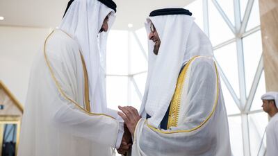 President Sheikh Mohamed is received by Qatari Emir Sheikh Tamim in Doha. Mohamed Al Hammadi / Presidential Court