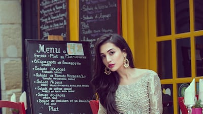 Sana Ansari models designs by Pakistani label Ansab Jahangir in Paris. Courtesy Muzi Sufi