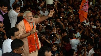 Chief minister of the western Indian state of Gujarat and the Bharatiya Janata Party's prime ministerial candidate, Narendra Modi, who is “1 to 10” on the Indian Mujahideen’s hit list. Punit Paranjpe / AFP