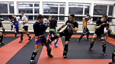Alan Omer, centre right, has been involved in two or three sessions a day of boxing, wrestling and jiu-jitsu while preparing for the Abu Dhabi fight. Photo courtesy of Tim Leidecker / Control Master Management