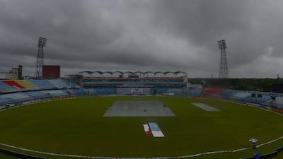 A general view shows Zahur Ahmed Chowdhury Stadium in Chittagong as the rain falls during the final day of the first Test between Bangladesh and South Africa. Munir uz Zaman / AFP