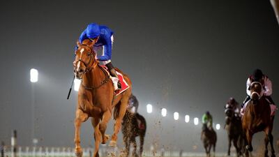 African Story, ridden by James Doyle, wins the Al Maktoum Challenge Round 3, at Meydan Racecourse in Dubai on March 7. Courtesy Andrew Watkins / Dubai Racing Club