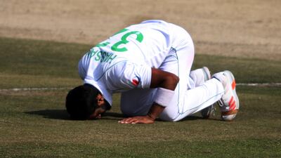 Pakistan's Hasan Ali celebrates after taking five wickets. EPA