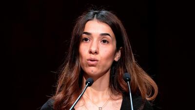 Nobel peace prize laureate Nadia Murad speaks at a Yazidi commemoration ceremony in Stuttgart, Germany, on August 3, 2019. AFP