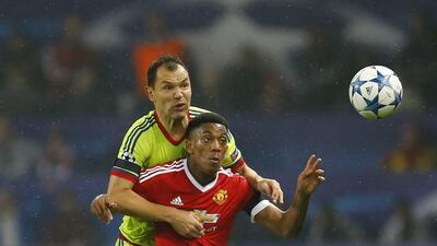 Manchester United’s Anthony Martial, in red, started at central striker against CSKA Moscow on Tuesday. Darren Staples / Reuters