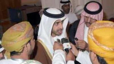 Sheikh Abdullah bin Zayed, Foreign Minister, speaks with reporters at the GCC meeting in Muscat yesterday.
