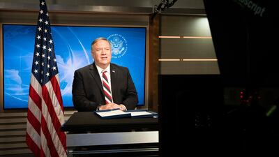 Secretary of State Michael Pompeo delivers remarks at the virtual launch of the inaugural US-UAE Strategic Dialogue, at the Department of State, on October 20, 2020. Courtesy US State Department