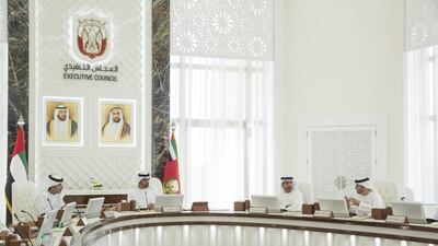 Sheikh Mohammed bin Zayed, Crown Prince of Abu Dhabi and Deputy Supreme Commander of the Armed Forces, chairs an Abu Dhabi Executive Council meeting with Sheikh Hazza bin Zayed, National Security Adviser and Vice Chairman of the council, Sheikh Hamed bin Zayed, Chairman of Crown Prince’s Court – Abu Dhabi, and Dr Ahmed Al Mazrouei, Secretary General of the Executive Committee. Mohammed Al Hammadi / Crown Prince Court – Abu Dhabi