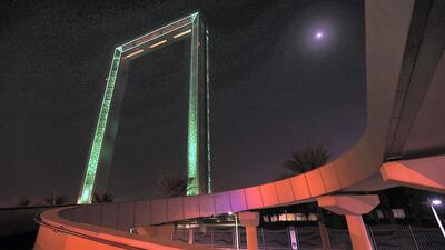 Dubai Frame lights up in the colours of Saudi flag to celebrate Saudi National Day. Satish Kumar for the National
