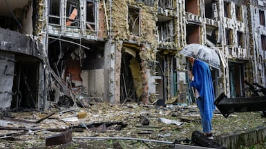 An apartment building struck during Russian missile and drone strikes in Kyiv, Ukraine. Reuters