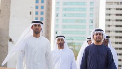 Mohammed Mubarak Al Mazrouei, Under-Secretary of the Crown Prince Court of Abu Dhabi (L), Saeed Eid Al Ghafli, Chairman of the Department of Municipal Affairs and Abu Dhabi Executive Council member (C), Dr Ahmed Mubarak Al Mazrouei, Chairman of the Abu Dhabi Water and Electricity Authority (ADWEA) and Secretary-General of the Abu Dhabi Executive Council (R), visit Qasr Al Hosn fort. Silvia Razgova / Crown Prince Court - Abu Dhabi