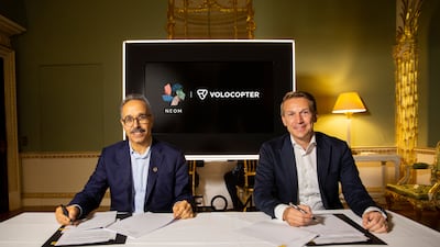 Nadhmi Al Nasr and Christian Bauer at the signing ceremony between Neom and Volocopter. Photo: Neom