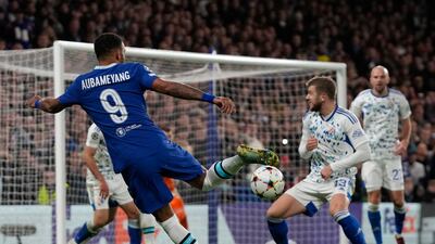 Pierre-Emerick Aubameyang takes shot at goal against Dinamo Zagreb at Stamford Bridge. AP