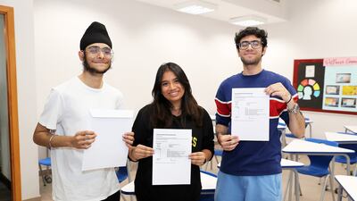 Left to Right: Kabir Singh Pujji, Trisha Agarwal and Bhumit Singh pose after receiving their IB results at Gems Modern Academy.