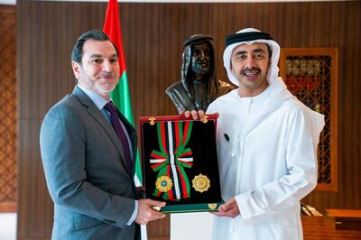 Sheikh Abdullah bin Zayed, Minister of Foreign Affairs and International Co-operation, presents Vasilis Polemitis, Ambassador of Cyprus, with the Order of Independence First Class. Wam