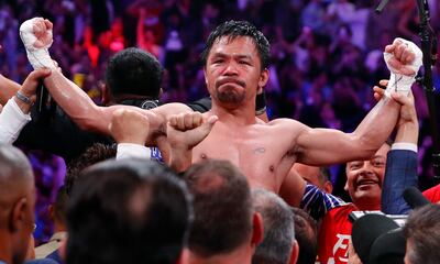 Manny Pacquiao reacts after defeating Keith Thurman by split decision in a welterweight title fight in Las Vegas in 2019. AP Photo
