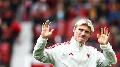 Manchester United's new Danish forward Rasmus Hojlund is introduced to the crowd at Old Trafford after completing is £72m signing before the pre-season friendly against Lens on August 5, 2023. AFP