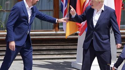 British Prime Minister Boris Johnson speaks with President of the European Council Charles Michel at the G7 summit in Germany. Reuters