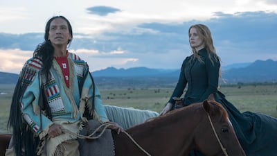 Michael Greyeyes as Sitting Bull and Jessica Chastain as New York artist Catherine Weldon, who travels alone to North Dakota to paint him Richard Foreman Jr Courtesy BBG Woman Walks Ahead / A24