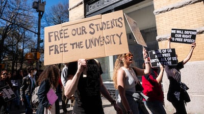 People march at the 'rally for the right to learn' in New York City on April 17. Getty Images via AFP