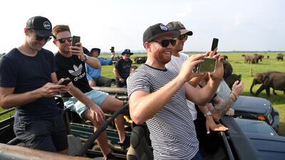 Liam Dawson, Ben Stokes, Olly Stone, Chris Woakes and Jonathan Bairstow of England take part in an elephant safari at Kaudulla National Park in Dambulla. Getty Images