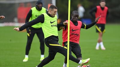 Mateo Kovacic and N'Golo Kante of Chelsea during a training session.
