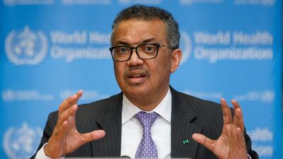 WHO chief Dr Tedros Adhanom Ghebreyesus at a news conference in Geneva, Switzerland. AP