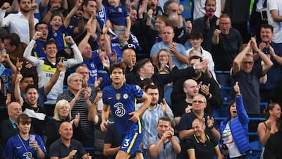 Chelsea's Marcos Alonso celebrates after levelling the scores at 1-1 in the Premier League match against Leicester City on May 19, 2022. EPA