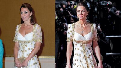 Kate Middleton first wore this gold embroidered Alexander McQueen dress during a tour of Malaysia in 2012, and she recycled it for the 2020 Baftas red carpet. Getty/ AFP