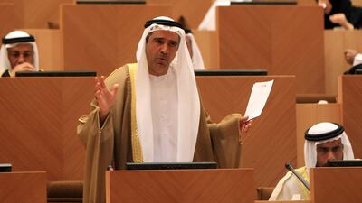 FNC member Abdulaziz Al Zaabi, speaks during an FNC session in Abu Dhabi. Ravindranath K / The National
