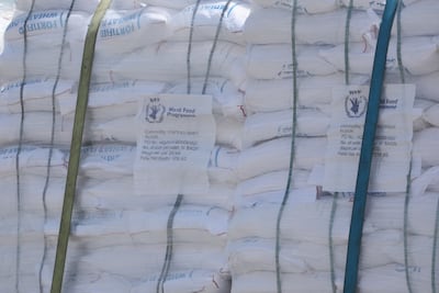 Labels attached to World Food Programme aid lorries at a border crossing into Gaza. EPA