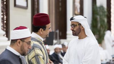 Sheikh Mohammed bin Zayed, Crown Prince of Abu Dhabi and Deputy Supreme Commander of the Armed Forces, greets visiting Islamic scholars. Ryan Carter / Crown Prince Court – Abu Dhabi