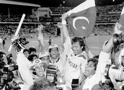 Imran Khan, second from right, celebrates Pakistan's win over England in the 1992 World Cup final with teammates. AP